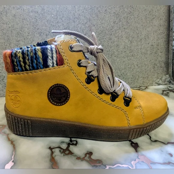 Rieker Mustard Ankle Boots with Colorful Knit Collar - Picture 5 of 7